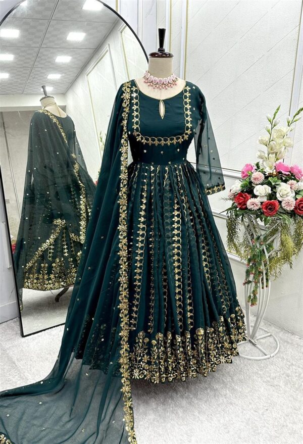 Shop Pure Fox Georgette Embroidered Gown with Pant and Dupatta Set Fully Stitched Ready To Wear - Image 4