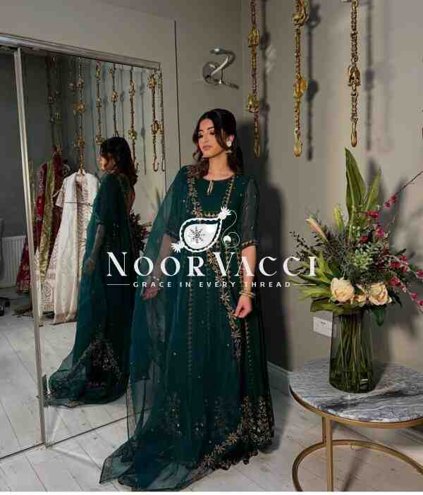 Pure Fox Georgette Embroidered Gown with Pant and Dupatta Set Fully Stitched Ready To Wear