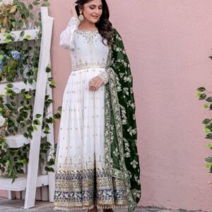 Heavy Faux Georgette Embroidered Gown, Dupatta & Bottom Set – Party Wear