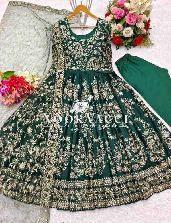 Heavy Chinon Silk Embroidered Gown with Pent and Dupatta Set Fully Stitched Ready To Wear - Image 2