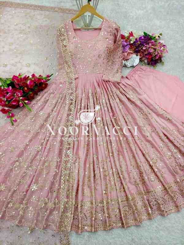 Heavy Chinon Silk Embroidered Gown with Pent and Dupatta Set Fully Stitched Ready To Wear - Image 2