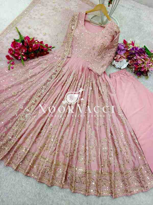 Heavy Chinon Silk Embroidered Gown with Pent and Dupatta Set Fully Stitched Ready To Wear - Image 3