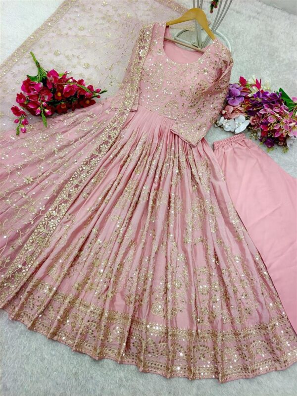 Shop Heavy Chinon Silk Embroidered Gown with Pent and Dupatta Set Fully Stitched Ready To Wear - Image 3