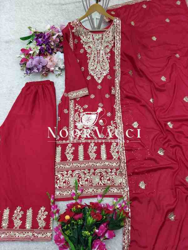 Coding Dori Embroidered Chinon Silk Top with Sharara and Dupatta Set Fully Stitched Ready To Wear - Image 6