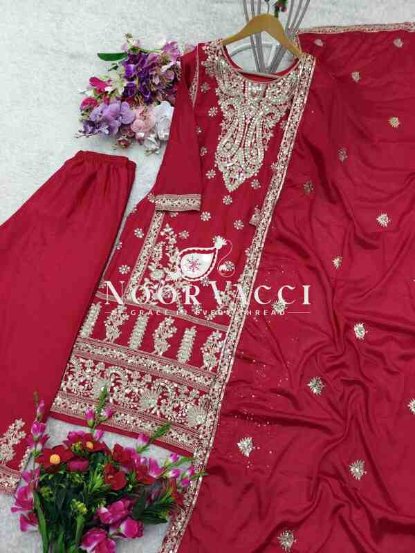 Coding Dori Embroidered Chinon Silk Top with Sharara and Dupatta Set Fully Stitched Ready To Wear - Image 5