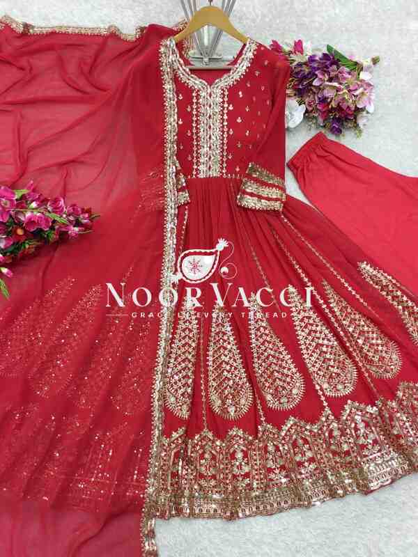 Fox Georgette Embroidered Gown with Pant and Dupatta Set Fully Stitched Ready To Wear - Image 2