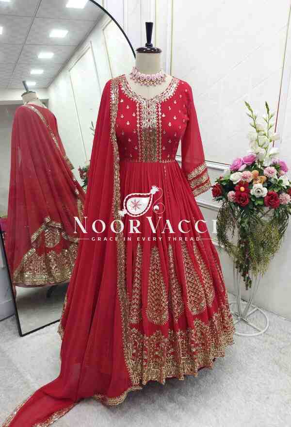 Fox Georgette Embroidered Gown with Pant and Dupatta Set Fully Stitched Ready To Wear