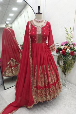 Buy Fox Georgette Embroidered Gown with Pant and Dupatta Set Fully Stitched Ready To Wear