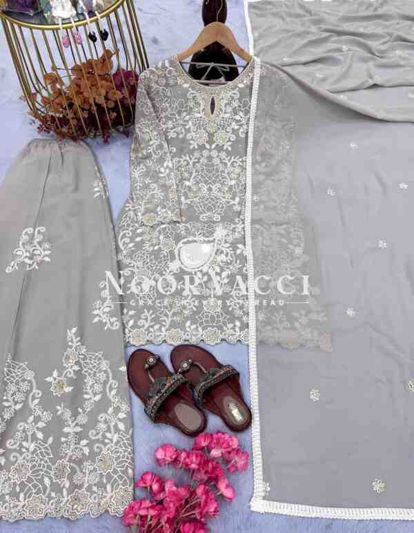 Heavy Faux Georgette Embroidered Top Plazzo & Dupatta Set – Designer Party Wear