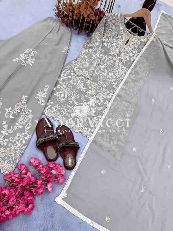 Heavy Faux Georgette Embroidered Top Plazzo & Dupatta Set – Designer Party Wear - Image 3