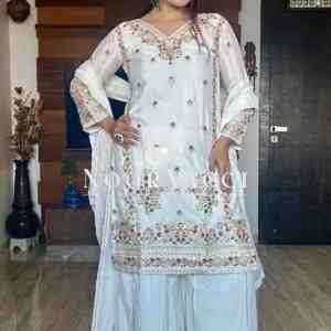 Cinon Silk Embroidered Top-Sarara with Dupatta Set
