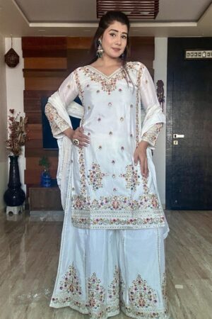 Buy Cinon Silk Embroidered Top-Sarara with Dupatta Set