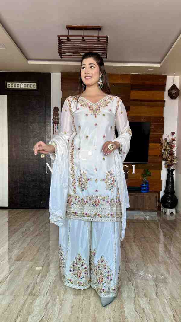 Cinon Silk Embroidered Top-Sarara with Dupatta Set - Image 3