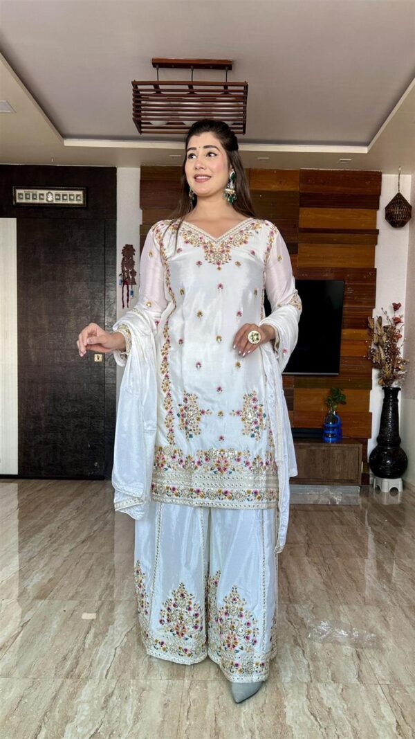 Buy Cinon Silk Embroidered Top-Sarara with Dupatta Set - Image 3