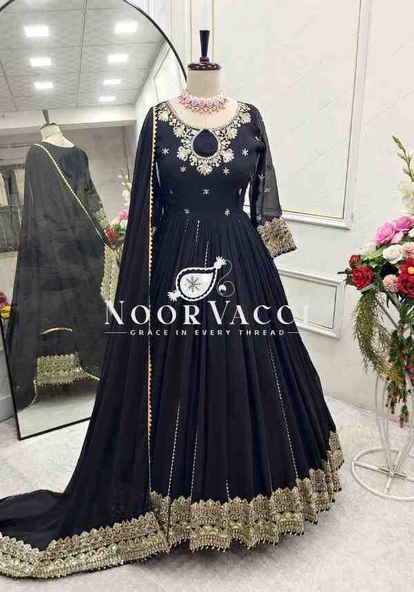 Fox Georgette Embroidered Gown with Pant and Dupatta Set Fully Stitched Ready To Wear