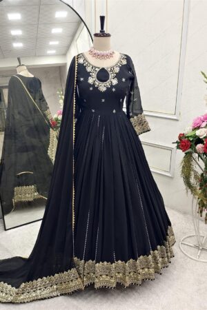 Buy Fox Georgette Embroidered Gown with Pant and Dupatta Set Fully Stitched Ready To Wear