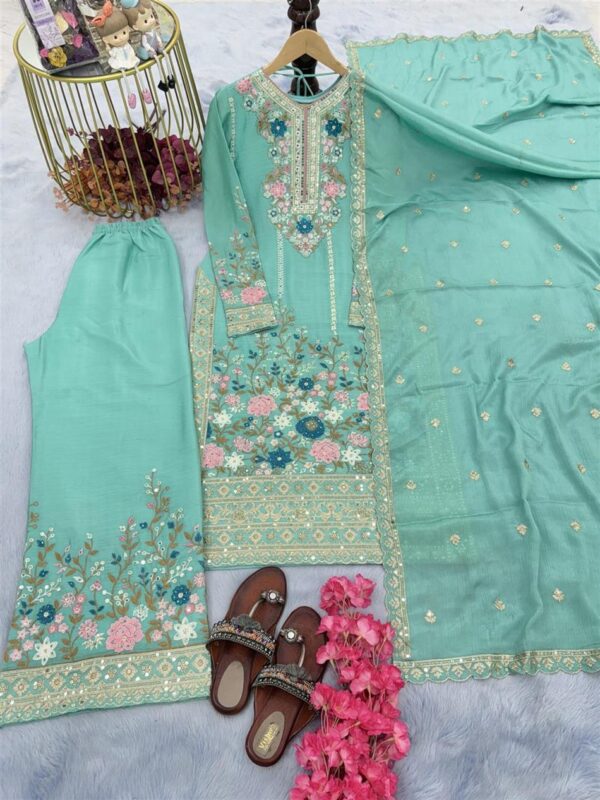 Buy Premium Chinon Silk Embroidered Top Plazzo & Dupatta Set – Designer Party Wear - Image 4