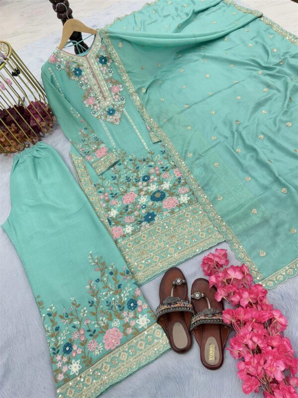 Buy Premium Chinon Silk Embroidered Top Plazzo & Dupatta Set – Designer Party Wear - Image 5