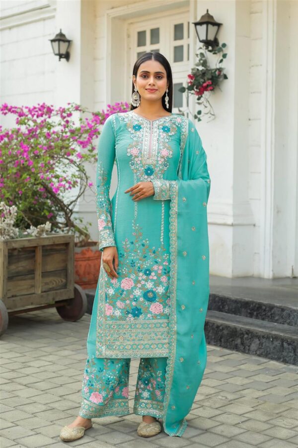 Buy Premium Chinon Silk Embroidered Top Plazzo & Dupatta Set – Designer Party Wear - Image 3
