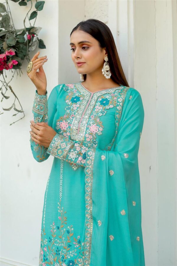 Buy Premium Chinon Silk Embroidered Top Plazzo & Dupatta Set – Designer Party Wear - Image 2