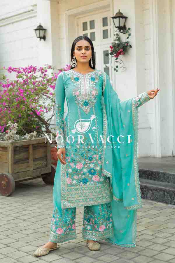 Premium Chinon Silk Embroidered Top Plazzo & Dupatta Set – Designer Party Wear