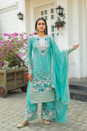 Buy Premium Chinon Silk Embroidered Top Plazzo & Dupatta Set – Designer Party Wear