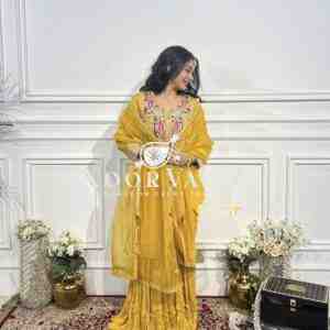 Chinon Silk Embroidered Top-Gharara Set with Tissue Dupatta