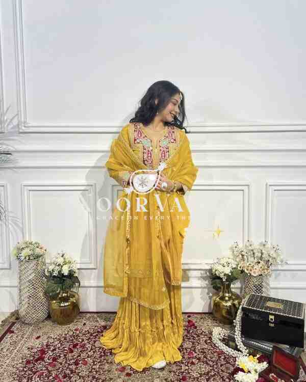 Chinon Silk Embroidered Top-Gharara Set with Tissue Dupatta