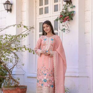 Premium Chinon Silk Embroidered Top Plazzo & Dupatta Set – Designer Party Wear