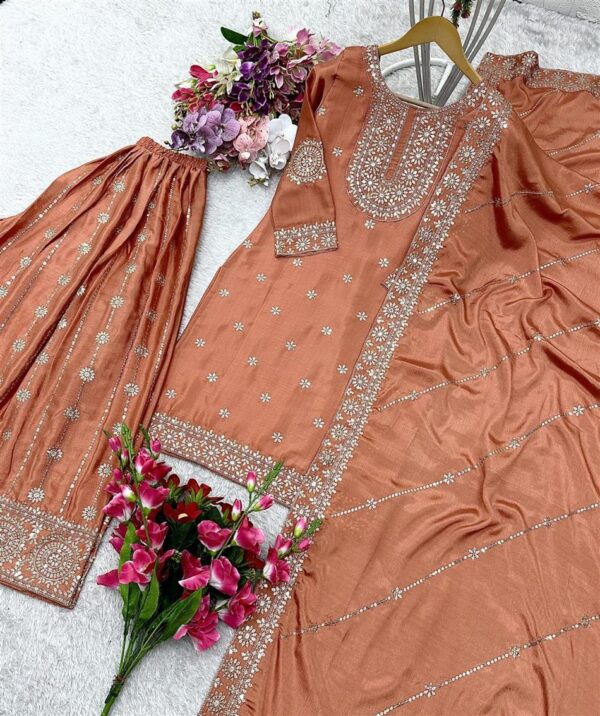 Shop Vichitra Silk Embroidered Top-Sarara with Dupatta Set Fully Stitched Ready To Wear - Image 2