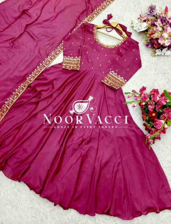 Vichitra Silk Embroidered Gown with Dupatta Set Fully Stitched Ready To Wear - Image 6