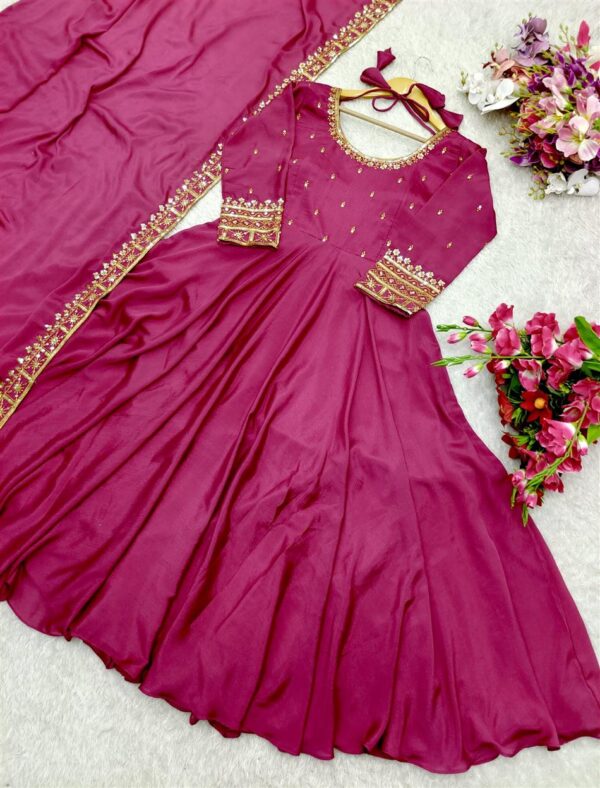 Shop Vichitra Silk Embroidered Gown with Dupatta Set Fully Stitched Ready To Wear - Image 6