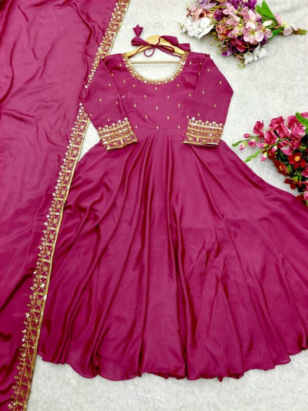 Shop Vichitra Silk Embroidered Gown with Dupatta Set Fully Stitched Ready To Wear - Image 5