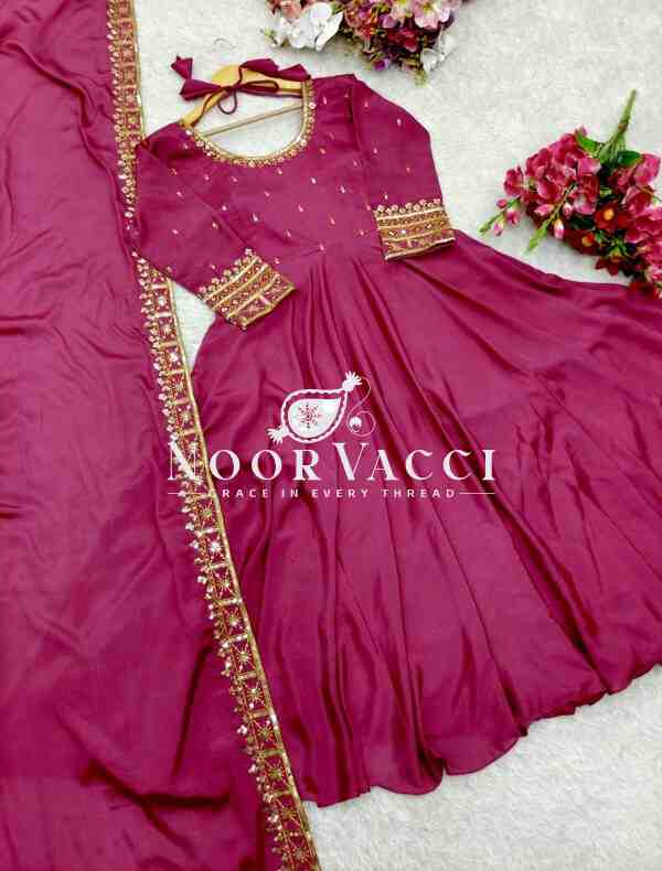Vichitra Silk Embroidered Gown with Dupatta Set Fully Stitched Ready To Wear - Image 7