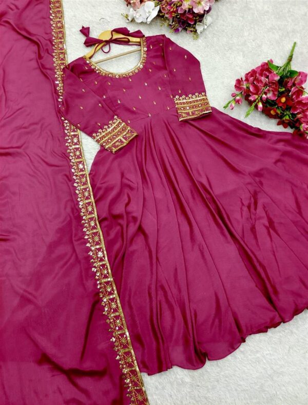 Shop Vichitra Silk Embroidered Gown with Dupatta Set Fully Stitched Ready To Wear - Image 7