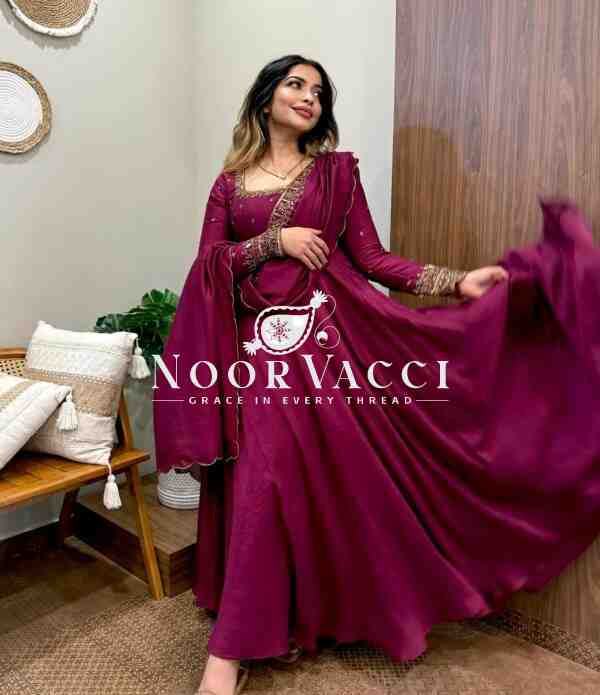 Vichitra Silk Embroidered Gown with Dupatta Set Fully Stitched Ready To Wear - Image 2
