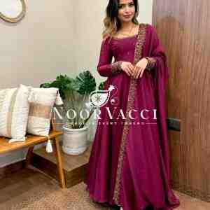 Vichitra Silk Embroidered Gown with Dupatta Set Fully Stitched Ready To Wear