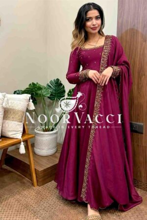 Shop Vichitra Silk Embroidered Gown with Dupatta Set Fully Stitched Ready To Wear