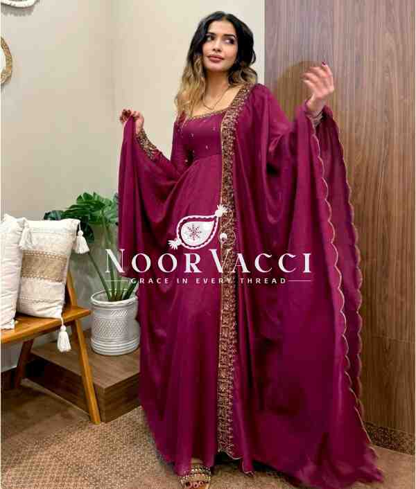 Vichitra Silk Embroidered Gown with Dupatta Set Fully Stitched Ready To Wear - Image 4