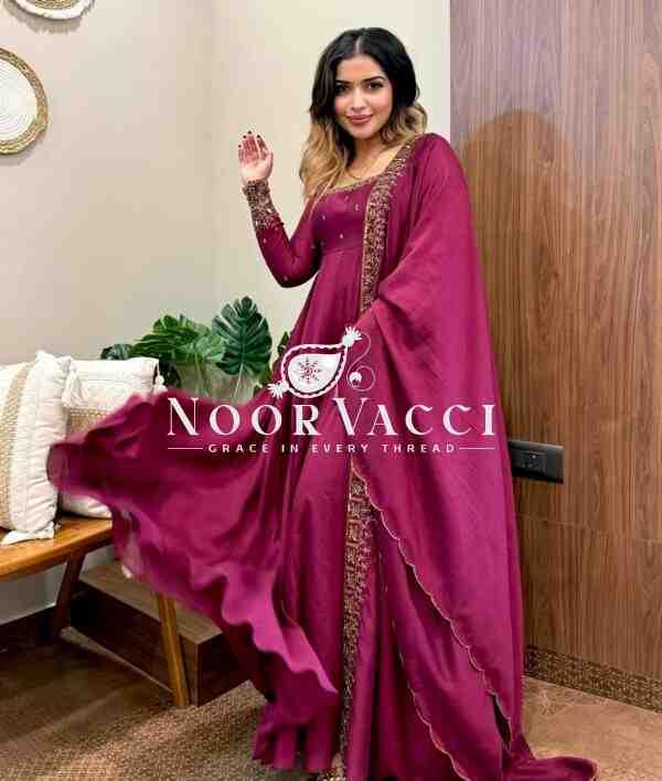 Vichitra Silk Embroidered Gown with Dupatta Set Fully Stitched Ready To Wear - Image 3