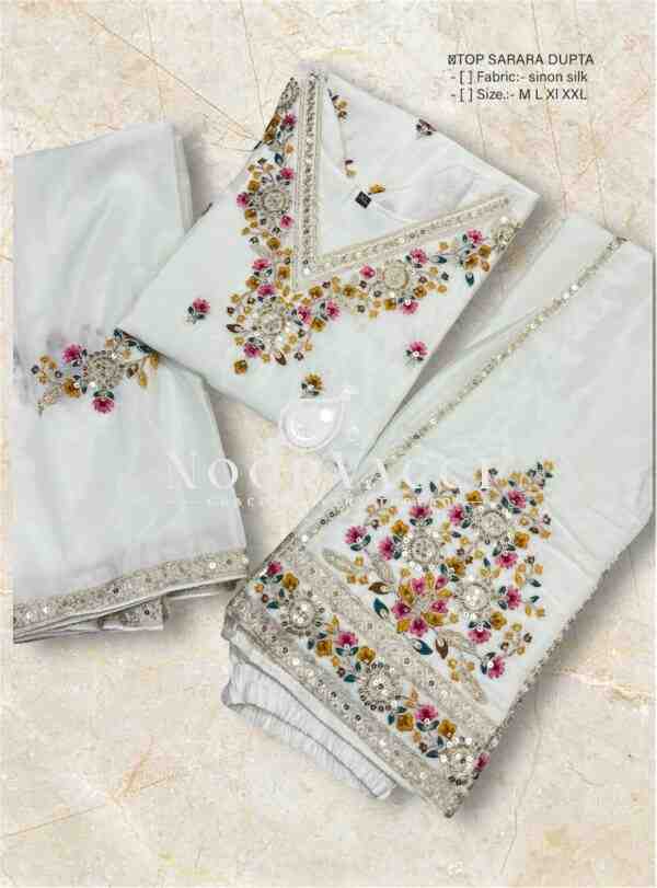 Cinon Silk Embroidered Top-Sarara with Dupatta Set - Image 9