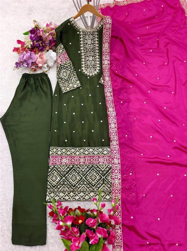 Buy Vichitra Silk Embroidered Top-Pant with Dupatta Set - Image 6