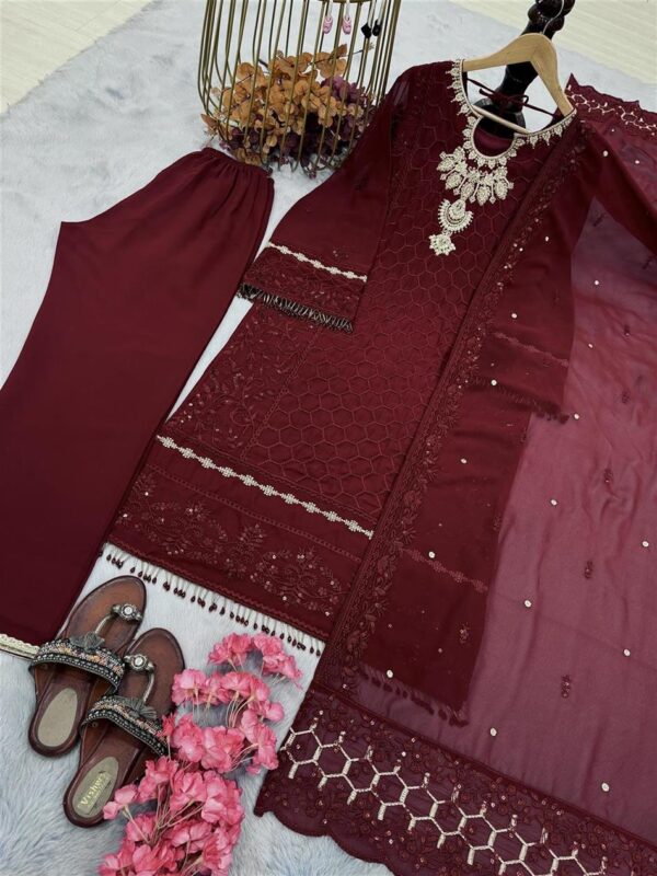 Shop Premium Faux Georgette Embroidered Top Plazzo & Dupatta Set – Party Wear Look - Image 3