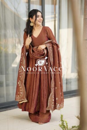 Shop Fandy Silk Designer Gown with Embroidered Dupatta