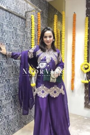 Shop Premium Pur Chinon Silk Party Wear Set – Embroidered Top, Plazzo & Dupatta