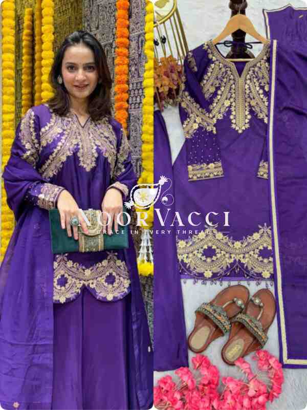 Premium Pur Chinon Silk Party Wear Set – Embroidered Top, Plazzo & Dupatta - Image 6