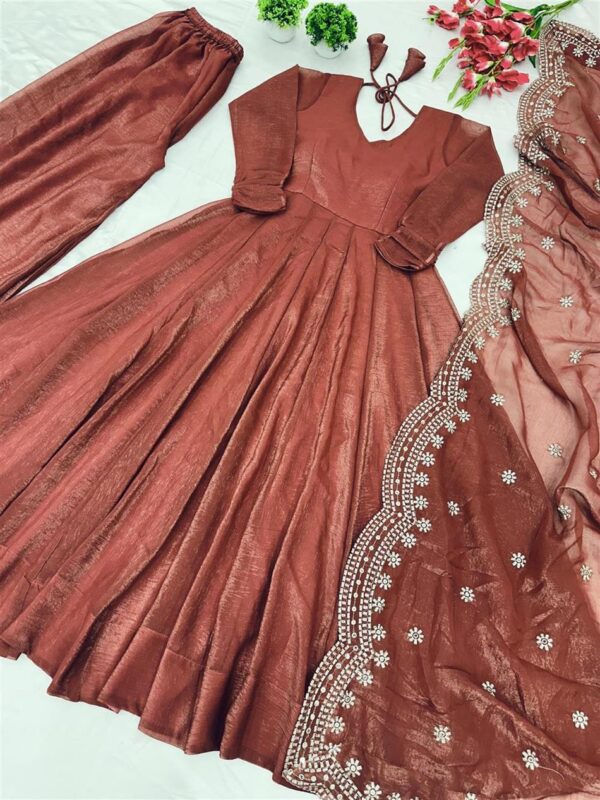 Shop Fandy Silk Designer Gown with Embroidered Dupatta - Image 3