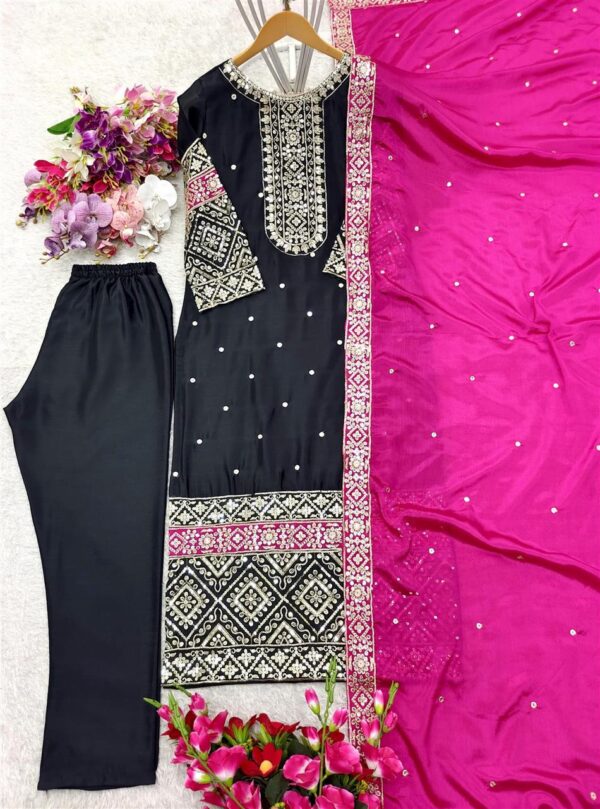 Buy Vichitra Silk Embroidered Top-Pant with Dupatta Set - Image 5