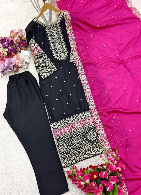 Buy Vichitra Silk Embroidered Top-Pant with Dupatta Set - Image 6