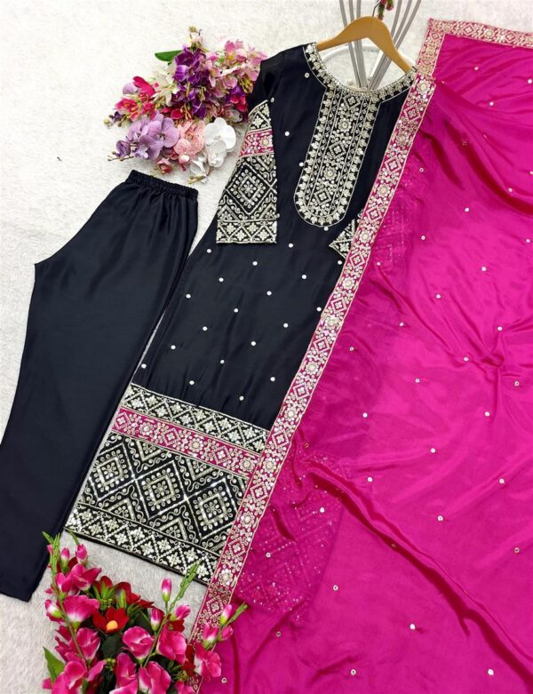 Buy Vichitra Silk Embroidered Top-Pant with Dupatta Set - Image 4